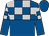 Royal blue and silver checked, royal blue halved horizontally, royal blue and silver checked sleeves, royal blue halved, royal blue cap (Henry Cheng Kar Shun)
