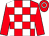 red and white checked, red sleeves, red cap, white circle (Mme N Gonin)