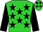 Lime Green, Black stars and Sleeves, Lime Green cap, Black stars (F Garner)