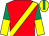 Red, yellow sash, emerald green and yellow halved sleeves, emerald green stripe on yellow cap (Chiu Man Hin)