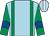 Light blue, emerald green braces and sleeves, royal blue chevron, light blue cap, white stripe (Bravo Syndicate)