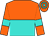 Orange & turquoise halved horizontally, turquoise armlets on orange sleeves, turquoise hoops on orange cap (Happy Fountain Syndicate)