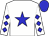 White, blue star, blue diamonds on sleeves, blue cap (Bucketlist Stables, Inc)