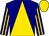 Navy and gold triangle thirds, navy and gold stripes on sleeves, gold cap (Marti Haught)
